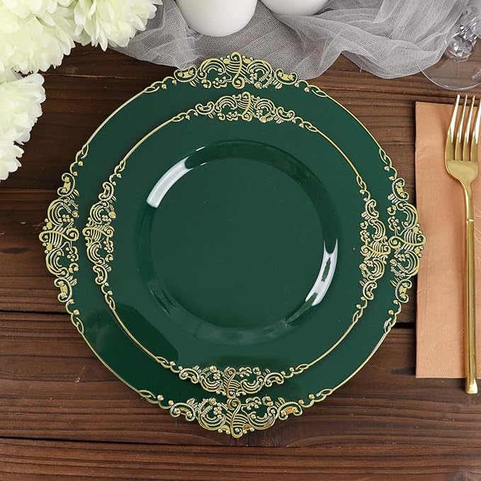 10" Dinner Plates -Set of 30 - Plastic Hunter Green Round Baroque Disposable Chargers Leaf Embossed Rim, Ideal for Dinner Party Wedding Bulk Events