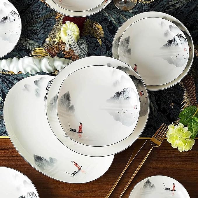 Ceramic Dinnerware Sets for 12 Reusable Tableware Set Chinese Style Dishes Set Ink Painting Serving Plates and Bowls Sets Safe and Healthy Dining Ware Set Plates/Bowls/Spoons and Soup Pot - 60 Piece