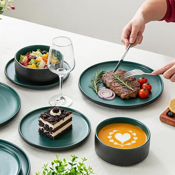Ceramic Dinner Plates, 10.25 Inch Flat Dish Set for 4, Perfect for Family and Entertaining, Microwave & Dishwasher Safe, Dinner Dishes for Steak, Sandwiches, Pizza, Pasta, Modern Green