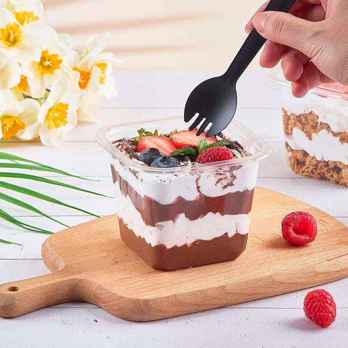 Kucoele 50 Pack 12 oz Plastic Dessert Cups with Lids and Sporks, Clear Square Cake Cups Dessert Containers for Pudding Parfait Fruit Yogurt and Shortcake