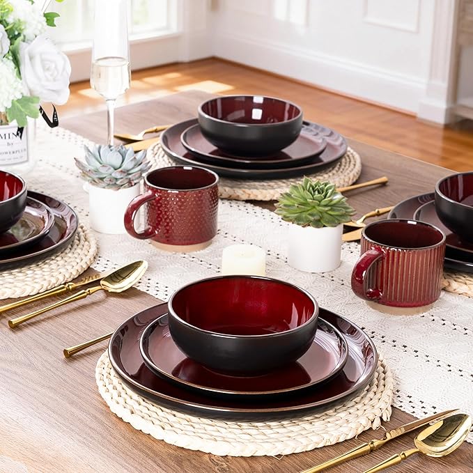 GBHOME Dinnerware Sets for 4, 12 Pieces Stoneware Plates and Bowls Sets, Scratch Resistant Ceramic Dishes, Dishwasher & Microwave Safe, Reactive Glaze-Burgundy