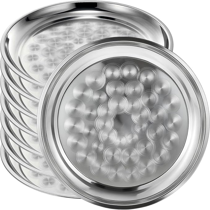 8 Pack Stainless Steel Round Serving Tray with Swirl Pattern Bulk Large Round Tray Silver Metal Display Serving Platter for Coffee Party Club Home (16 Inch)