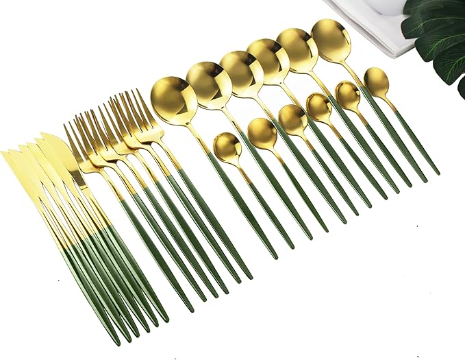 24-Piece Green Gold Korean Silverware Sets Mirror Polished Stainless Steel Modern Flatware Cutlery Set Service for 6 Including Forks Spoons Knives Kitchen(Dark Green Gold)