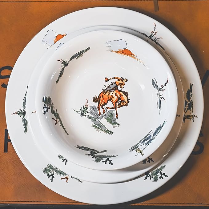 Paseo Road Ranch Life 16 Piece Ceramic Dinnerware Set with Plates, Bowls, Coffee Mugs, Duffle Bag, Cow Longhorn Horse Cowboy Pattern, Southwestern Rustic Cabin Lodge Style
