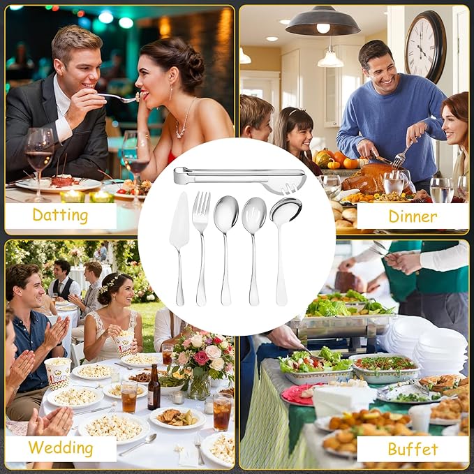 30 Pcs Silver Serving Utensils Set Include Stainless Steel Large Serving Spoons Slotted Spoons Forks Soup Ladle Pie Server - Metal Utensils for Parties Buffet Catering, Dishwasher Safe