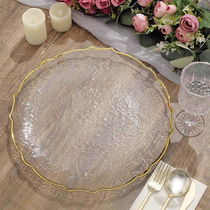 Efavormart 8 Pack | 13" Clear Glass Metallic Gold Scallop Edged Charger Plates For Events Table Decoration for Home & Professional Fine Dining, Catering, Dinner Parties, Weddings