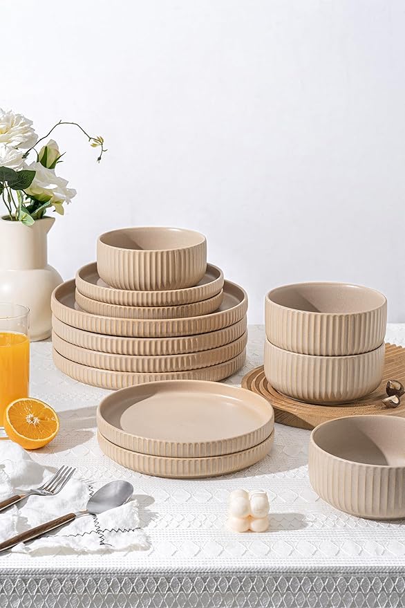 Dinnerware Sets for 4,Microwave Safe Plates and Bowls Sets,12 Piece Dylan Dish Set,Reactive Glaze Stoneware Dinnerware Set (Matte Reactive Khaki Beige, Service for 4 (12pcs))