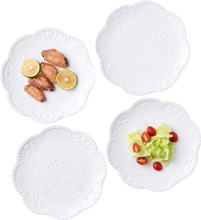 Jusalpha Embossed Lace Porcelain Plate-Dinner Plate Set, Pasta/Salad/Dessert Plate， Tableware Set for Restaurant Family Party Kitchen Use -4 Pieces, FD-PL15 (10 Inche, White)