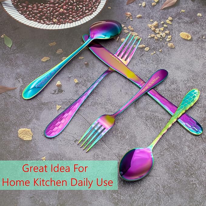Rainbow Flatware Cutlery Silverware Set 40 Pieces, 18/10 Stainless Steel Colorful Utensils, Tableware Flatware Set Service for 8, Include Knife/Fork/Spoon, Mirror Polished, Dishwasher Safe (Rainbow)…