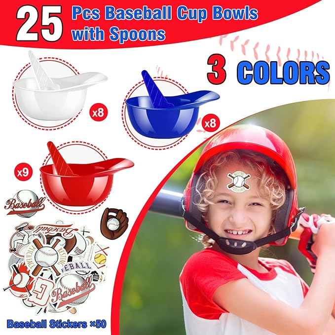 MEEZY 50 Set Baseball Helmet Ice Cream Bowls with 25 Mini Dessert Cups and 25 Spoons, 8oz Reusable Baseball Cap Snack Dessert Cup Bowls Baseball Party Favors for Kids Sports Birthday Party Supplies