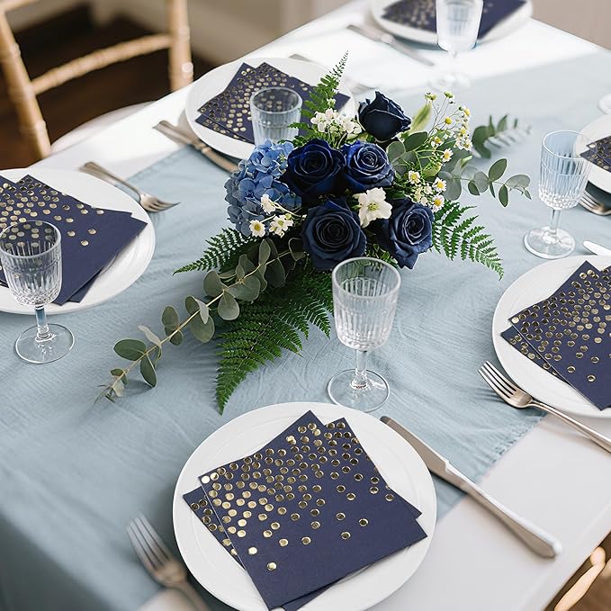 80 Pack of Paper Cocktail Napkins with Gold Foil Polka Dot Confetti，Polka Dot Party Supplies(5 x 5 in，2-ply) (80, blue gold)