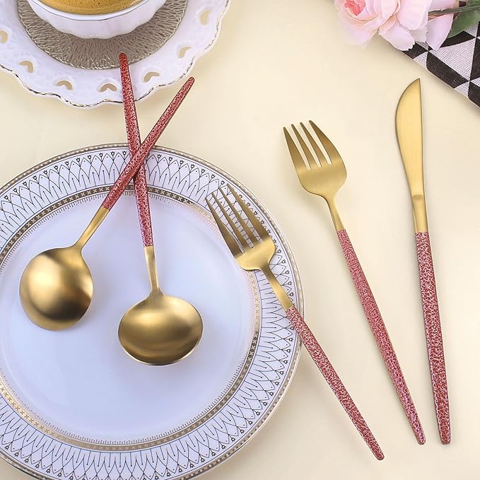 20-Piece Silverware Set for 4,Gold Flatware Set With Red Handle,Durable Kitchen Eating Tableware Set,Include Fork Knife Spoon Set,Premium Stainless Steel Flatware Set,Dishwasher Safe