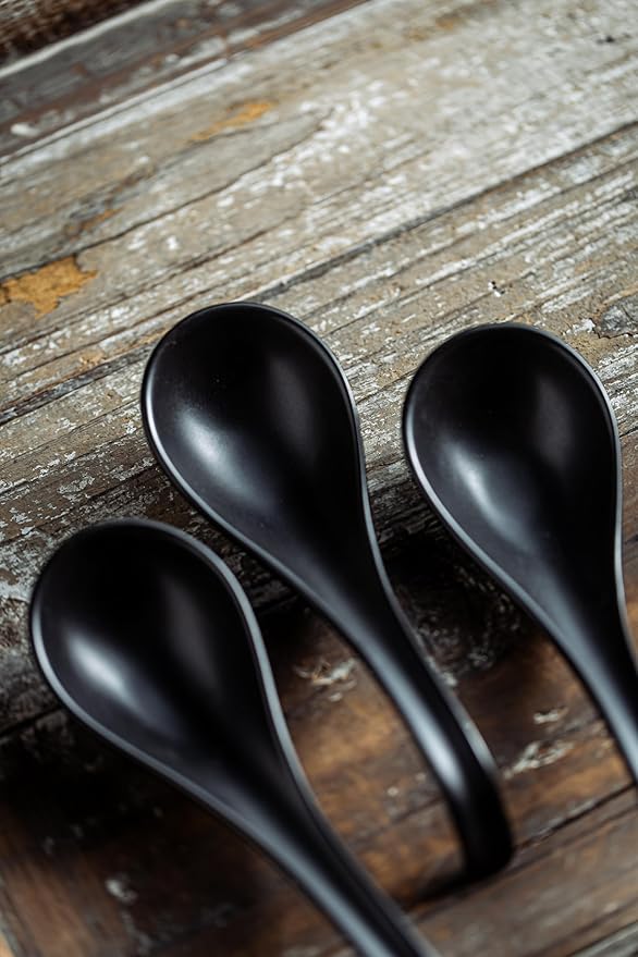 LYEOBOH Soup Spoons, Ceramic Soup Spoon Set of 6-6.5 inch Tablespoons, Dishwasher & Microwave Safe, Chinese Spoons with Deep Hook Design, Black