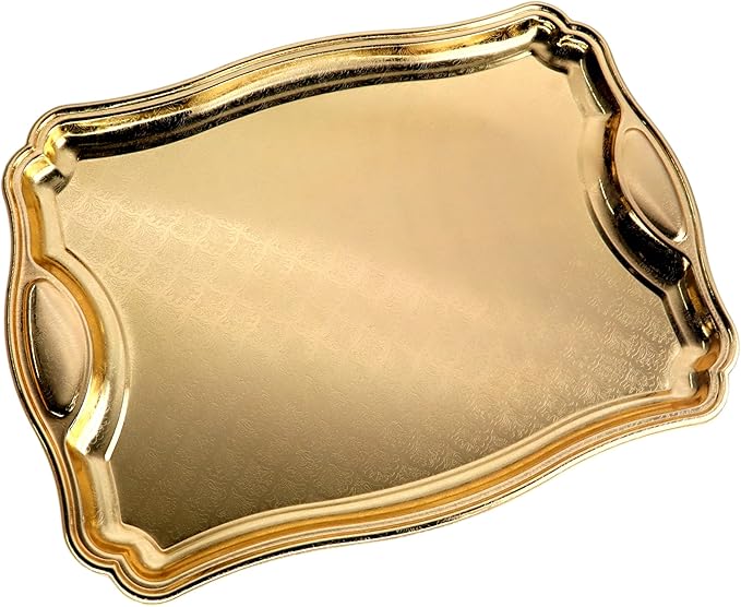 19.5 inch x 13.8 inch Oblong Iron Gold Plated Mirror Serving Tray with Handles Floral Engraved Decorative Party Birthday Dessert Wine Decor Platter Plate Base Dish FST-081