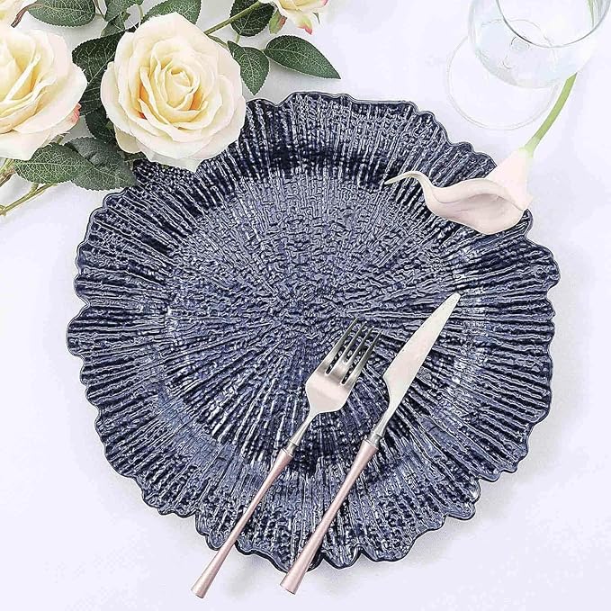 13" Charger Plates - Set of 24 - Acrylic Navy Blue Round Reef Disposable Chargers, Ideal for Dinner Party Wedding Holiday Bulk Events
