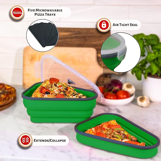 PIZZA PACK The Perfect Reusable Pizza Storage Container with 5 Microwavable Serving Trays - BPA-Free Adjustable Pizza Slice Container to Organize & Save Space, 2 Pack, Green