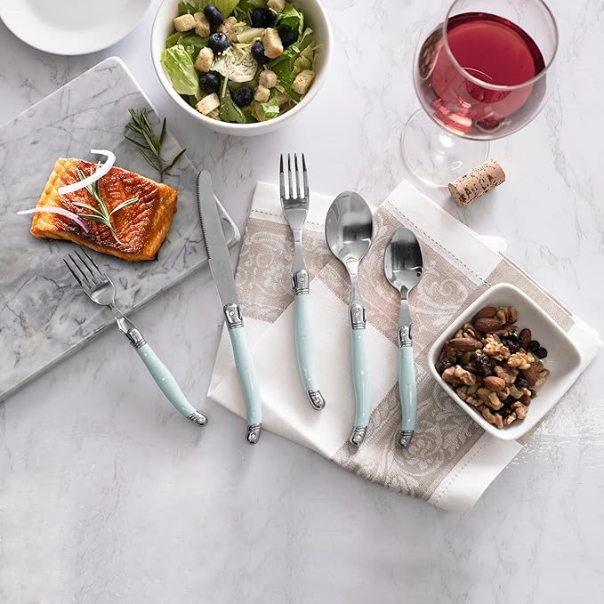French Home Laguiole Connoisseur 20-Piece 18/10 Stainless-Steel Misty Blue Flatware Set