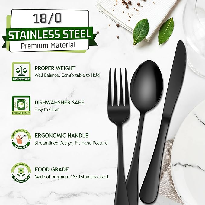 HaWare 48-Piece Black Silverware Set with Steak Knives, Stainless Steel Cutlery Set, Food Grade Flatware Set Service for 8, Mirror Finished Tableware for Home Restaurant, Include Knives, Forks, Spoons
