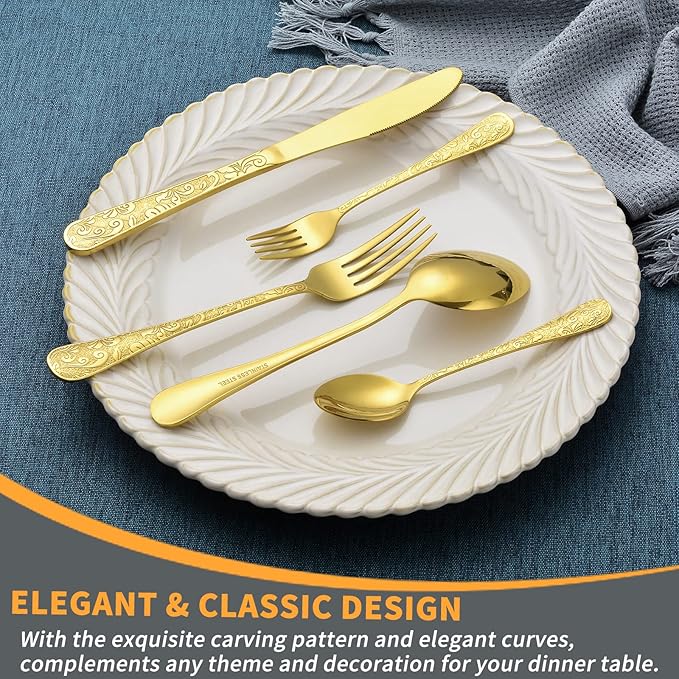 20-Piece Vintage Carved Gold Silverware Set, 18/10 Stainless Steel Flatware Set for 4, LaienLife Mirror Polished Modern Gold Utensils, Including Forks Spoons Knife for Home & Kitchen, Dishwasher Safe