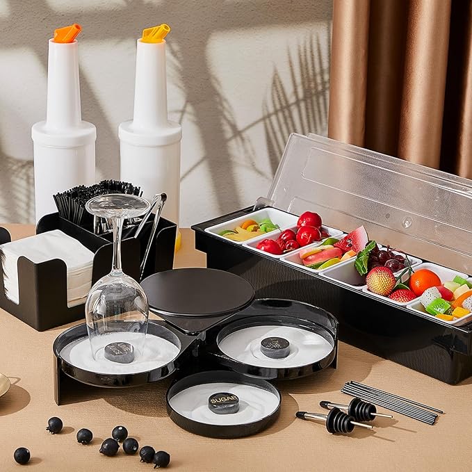 Mifoci Bartending Supplies Garnish Tray with Lid Bar Caddy 3 Tier Glass Rimmer 12 Stainless Steel Bottle Pourers 2 Juice Pour Bottle 1000 Cocktail Straw 3 Serving Tong(6 Compartments,Plastic)