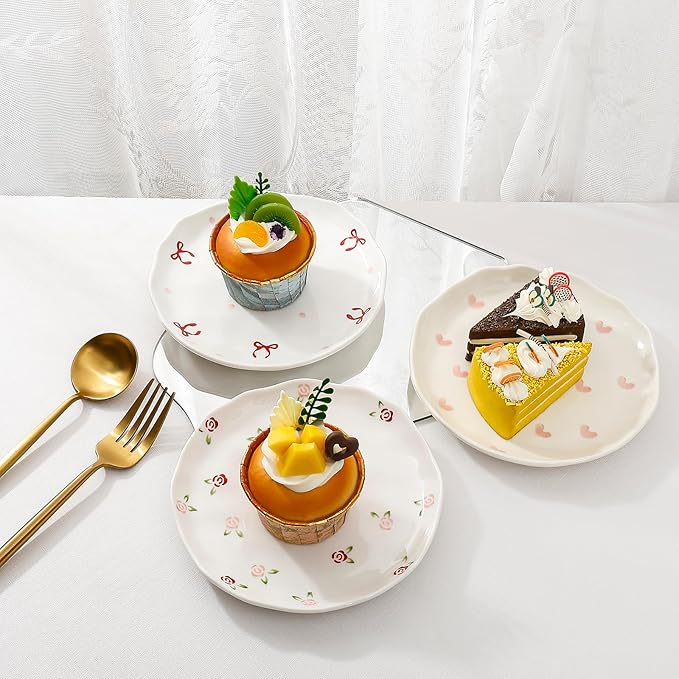 Koythin Ceramic Dessert Plates, Cute Fruits Dinner Plate, Printed Flowers Dinnerware for Office and Home, Kitchen Plates for Desserts (Red Rose Fragmented Flowers)