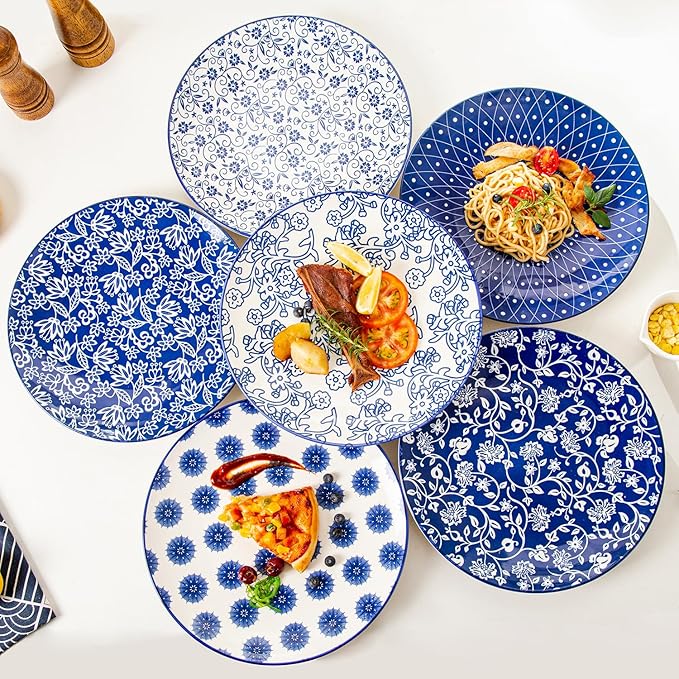 Ceramic Dinner Plates Set - 10.5 Inch Large Kitchen Porcelain Salad Serving - Scratch Resistant Microwave Oven Dishwasher Safe - Dishes for Pizza Pancakes Pasta Steak - Set of 6 - Vintage Blue