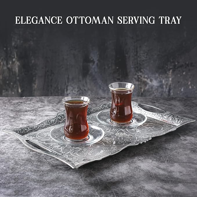 Crystalia Fancy Ottoman Serving Trays, Elegance Metal Turkish Trays for Beverage Serving, Vintage Ottoman Rectangular Tray with Handles, Decorative Turkish Tea Coffee, Dessert Table