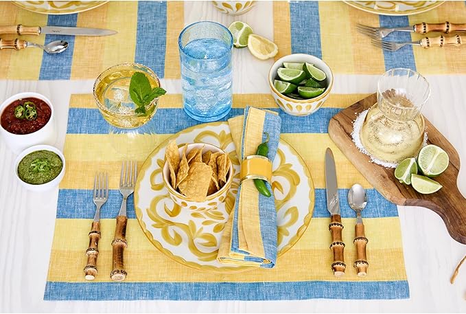 Solino Home Linen Cloth Placemats Set of 4 - Cabana Stripe 100% Pure Linen Bright Summer Stripe Farmhouse Placemats 14 x 19 Inch