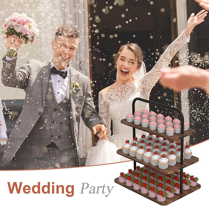Cupcake Stand, 3-Tier Dessert Stand for 52 Cupcakes, Wood & Metal Tower Display Premium Holder Dessert Tree Tower for Christmas Birthday Weddings Party Decor, Serving Tray, Wood Brown