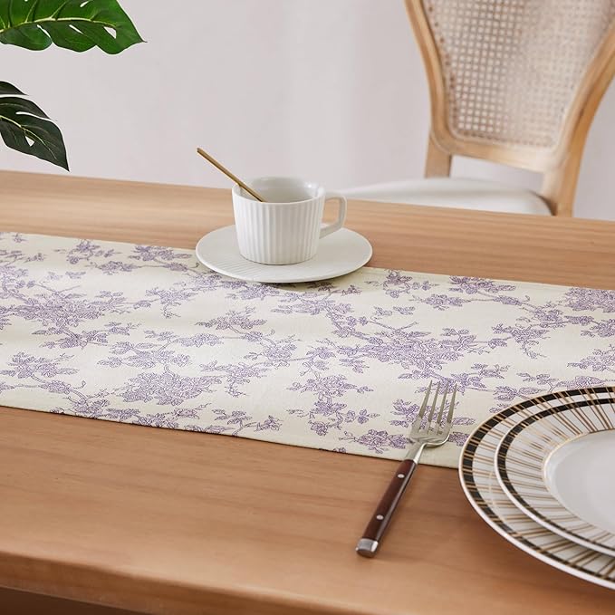100% Cotton French Pastoral Table Runners, 13x90 Inch Purple Farmhouse Table Runners 90 Inches Long, Vintage Flowers Print Home Decors