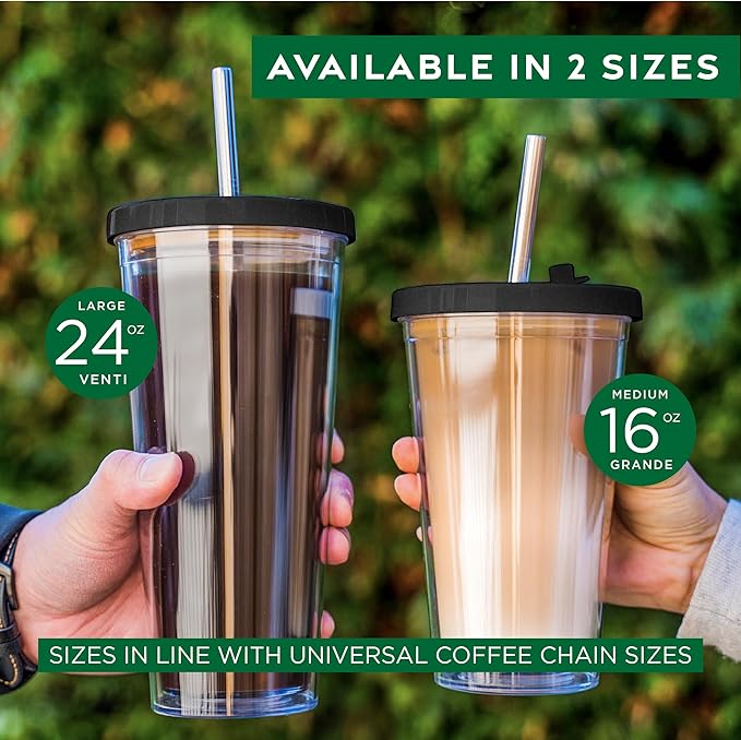 Kensal Home Reusable Iced Coffee Cup (16 Oz/Grande), Leak Proof and Double Wall Insulated Iced Coffee Tumbler, Come with Reusable Plastic and Metal Straws and Straw Cleaner - Black