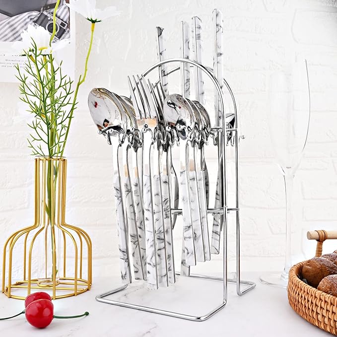 24Pcs White Imitation Marble Pattern Handle Flatware Silverware Set with Stand, Stainless Steel Cutlery Set for 6, Square Handle Eating Utensils, Mirror Polished
