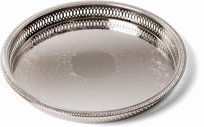 Elegance Round Metal Serving/Bar Tray,12.75 Inch Nickel Plated with Decorative Embossing Serves Champagne,Whiskey and Drinks – Silver Tone Drink,Perfume,Ottoman Tray for Home Bar,8924N
