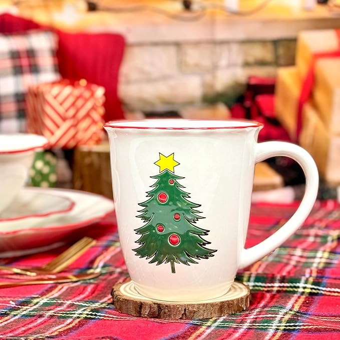 DOMINI 16-Piece Christmas Ceramic Kitchen Dinnerware Set, Service for 4, Porcelain Dishes Dinner Set with Dinner Plates, Dessert Plates,cups and Pasta Bowls,Round-White Christmas