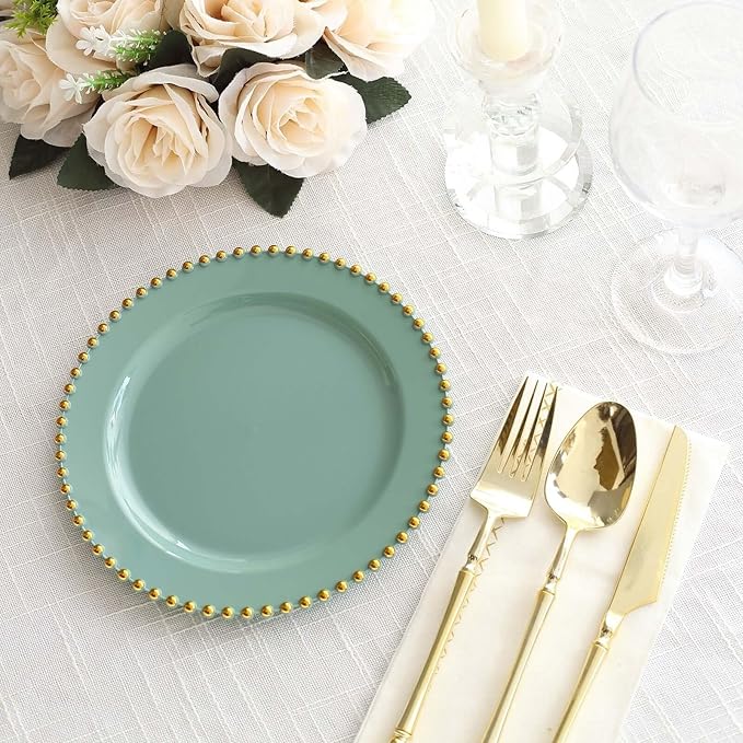 8" Salad Plates - Set of 20 - Plastic Dusty Sage Green/Gold Round Disposable Dessert Appetizer Plate Beaded Rim, Ideal for Dinner Party Wedding Bulk Events