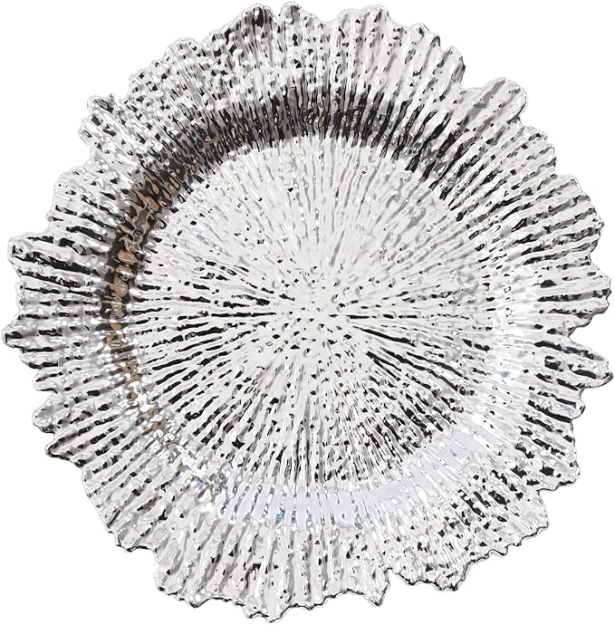 24 PCS Charger Plates Bulk, 13 Inch Floral Reef Plastic Charger Dinner Plates Round Service Plates Decorative Chargers Bulk for Table Setting Wedding Party Event(Silver)
