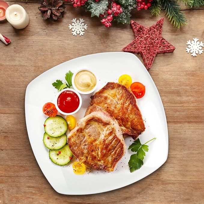 Blcculi 10.5'' Porcelain Dinner Plates,Set of 6 Square Dinner Plates,Porcelain Dessert Plate,White Square Serving Plate for Salad, Pasta, Steak,Snacks