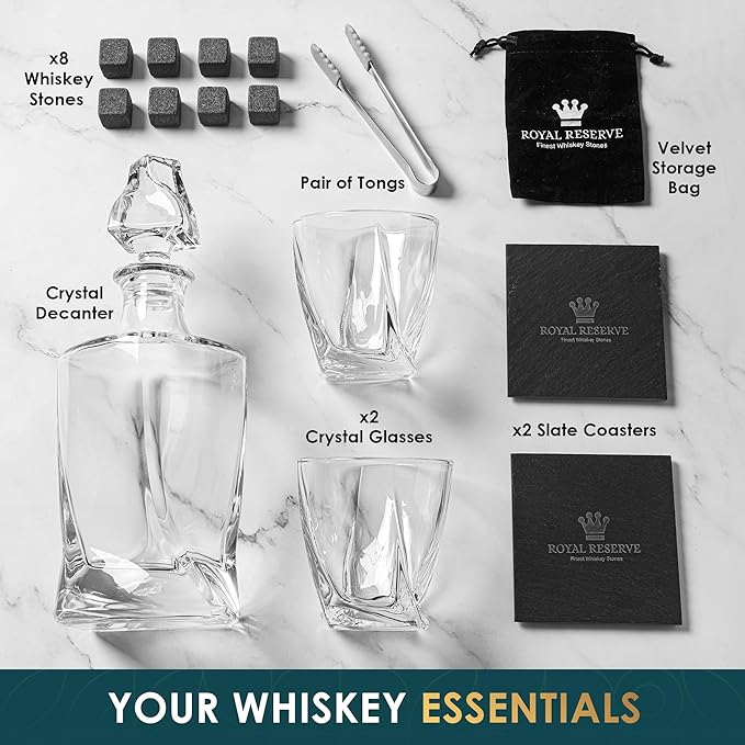 Whiskey Decanter Set by Royal Reserve – Whiskey Gift Set - Twisted Bourbon Decanter 24 oz 750 ml with Glasses, Whiskey Stones, Coasters, Tongs – Whiskey Gifts for Men, Husband, Dad Christmas