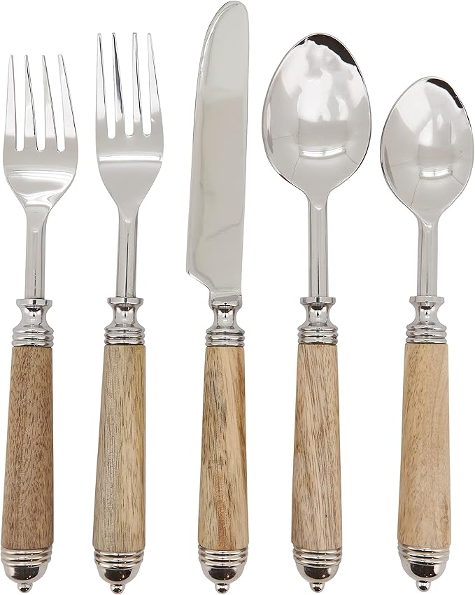 Natural Bark Wood Style Handle Place Setting Flatware (Set of 5)