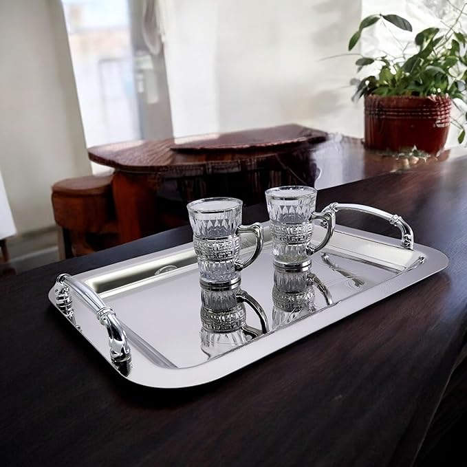 (Pack of 2) 14.2 inch x 10.2 inch Oblong Chrome Plated Mirror Silver Serving Tray with Handles Stylish Floral Engraved Decorative Party Birthday Wedding Buffet Platter Plate CC-1029