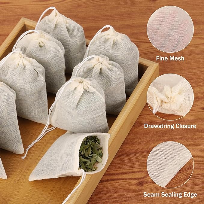 100Pcs Muslin Bags with Drawstring, 3x4 Inch Reusable Empty Tea Bags, Spice Herb Sachet Bag for Cooking Soups, Natural Cotton Unbleached Cheese Cloth Bag for Straining