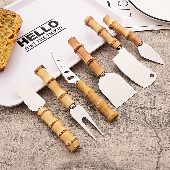 6-Piece Bamboo Silverware Set, Stainless Steel Flatware Hostess Serving Set Bamboo Utensils Tableware Set for Home Camping Travel Hotel - 6pcs Cheese Knife
