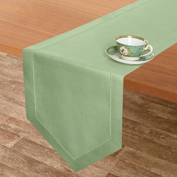 D'Moksha Homes Sage Green Linen Table Runner 120 Inches Long - 100% Pure Linen Diamond Table Runner 14 x 120 Inch for Dining, Winter, Christmas, Holiday, New Year - Machine Washable