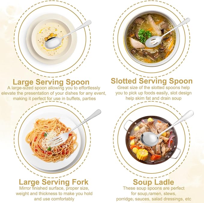 12Pcs Stainless Steel Serving Utensils Set, Silver Serving Utensils Set with Servings Spoon, Solted Spoons, Fork, Sugar Tongs, Food Tongs, Cake Spatula, Soup Spoon for Parties, Buffet(Silver)