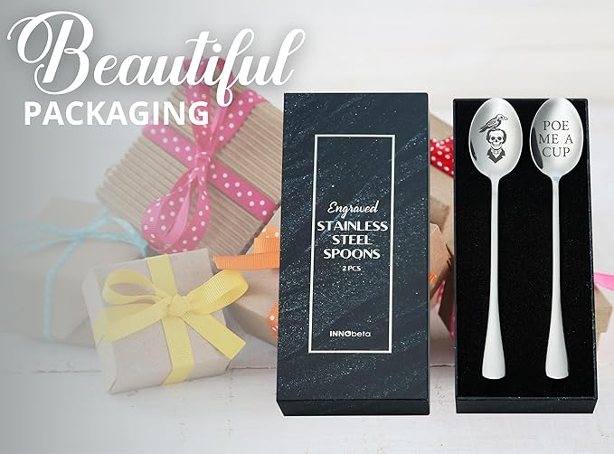 Edgar Allan Poe Gifts for Men & Women, 2 Pcs Engraved Stainless Steel Spoons, Perfect for Birthday & Christmas