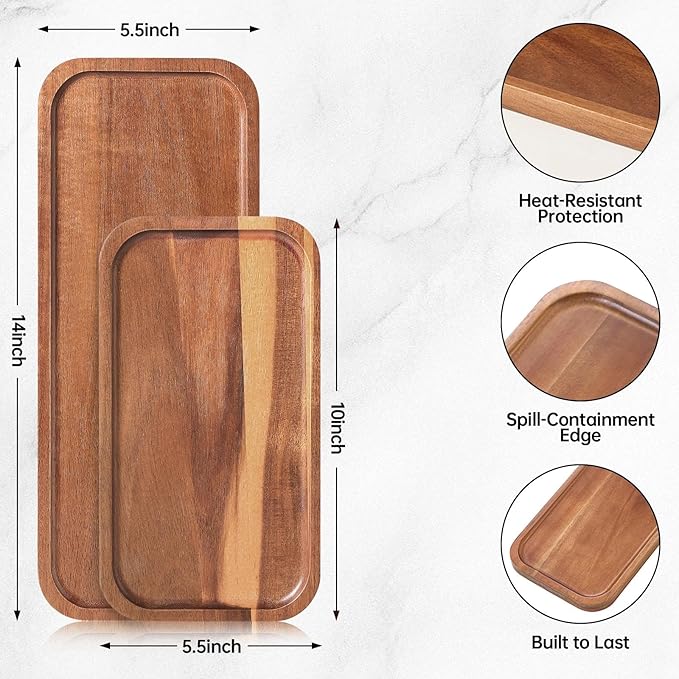 Solid Acacia Wood Serving Trays and Platters - Wooden Mini Charcuterie Boards, Rectangle Small Cheese Board for Food, Bathroom, Home Decor, Kitchen Counter, (14"x5.5", 6 Pack)