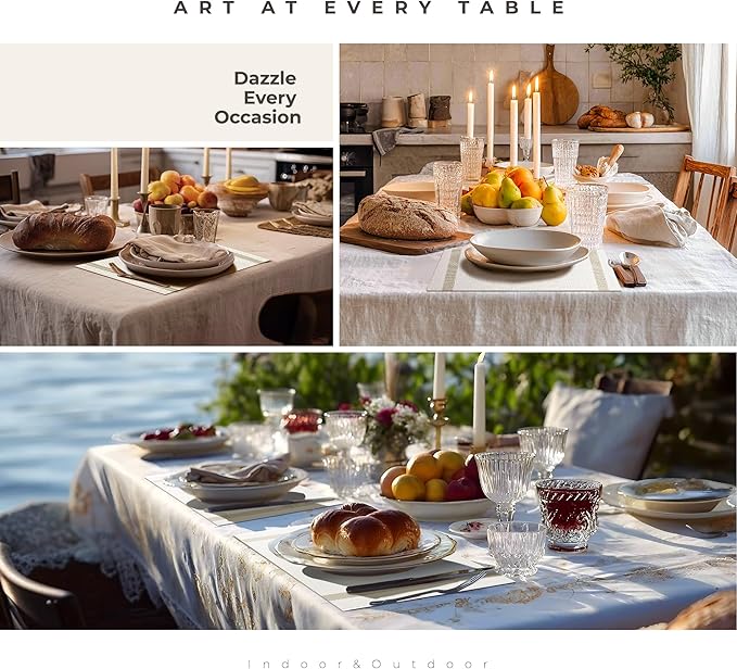Leetaltree Luxury White Placemats with Gold Stripes Placemats Set of 12 - Waterproof Washable for Wedding, Anniversary, Daily Use - Sparkling Table Decor - Hand-Cut