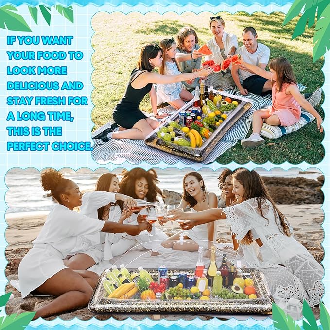8 Pcs Glitter Inflatable Serving Bar Kit Includes 2 Salad Buffet Tray with Drain Plug 5 Mesh Food Cover 1 Inflator Inflatable Food Drink Containers for Outdoors Pool Party Camping(Black)