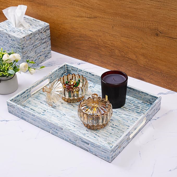 CLAYNIX Serving Tray 15.7" X11.8 Wooden Lacquer Tray with Mother of Pearl Inlay, Elegant Tea & Breakfast Tray with Handles (Rectangle)