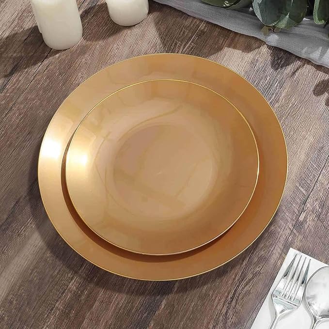 Efavormart 10 Pack | 8" Glossy Gold Round Plastic Dinner Plates With Gold Rim, Disposable Party Plates